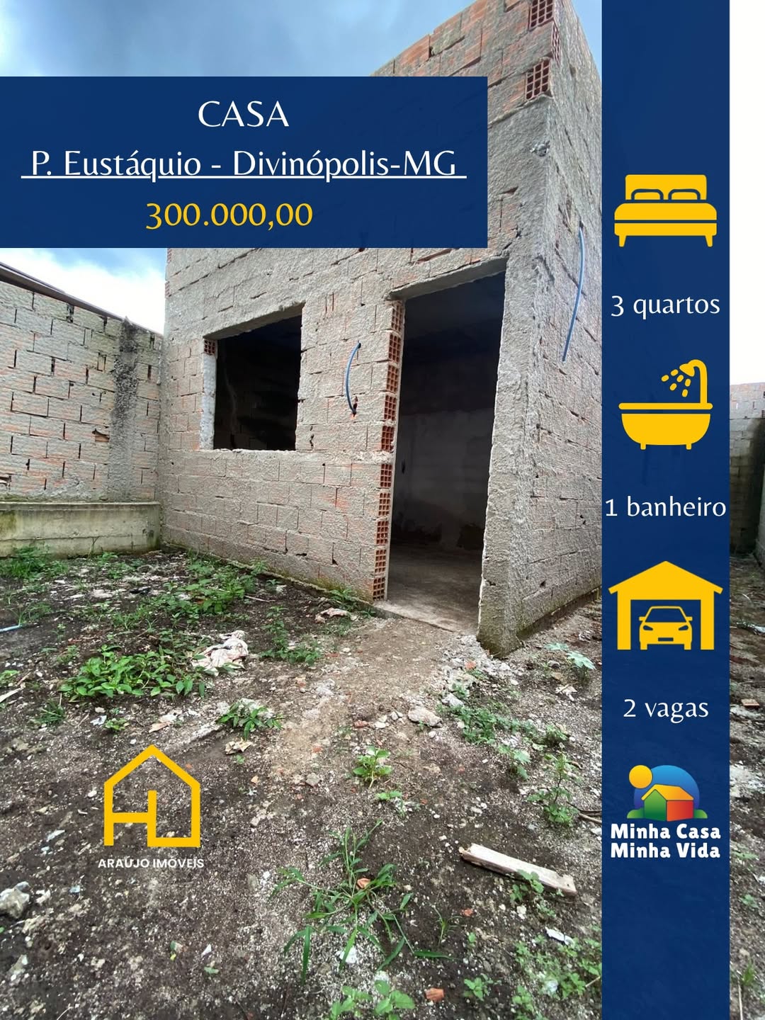 🏠Casa em Construção no Bairro Padre Eustáquio -3 quartos grande -Sala -Banheiro -Cozinha tradic