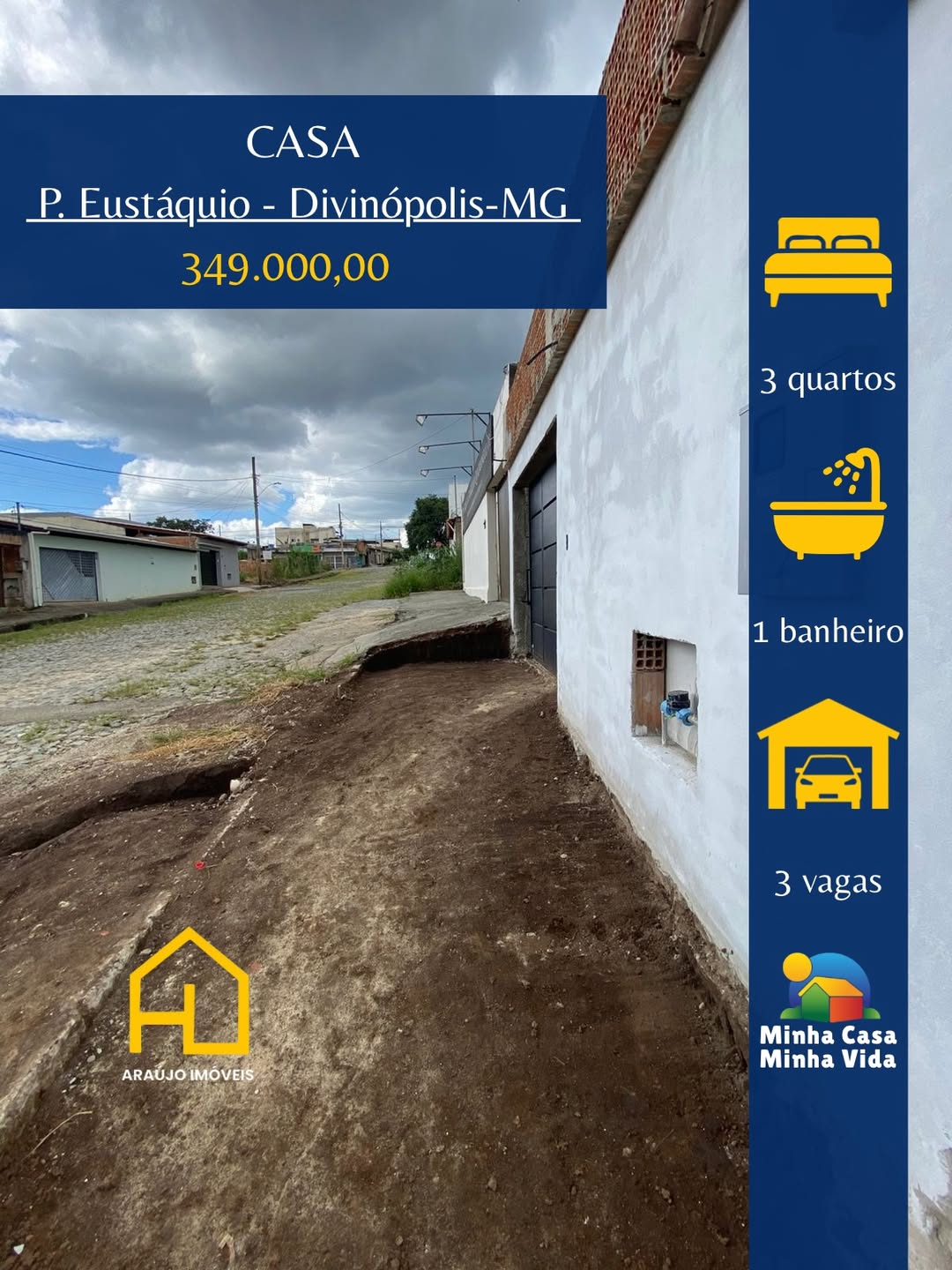 🏡Casa no Padre Eustáquio em construção • 3 quartos •Sala com pé direito duplo•Cozinha com banca