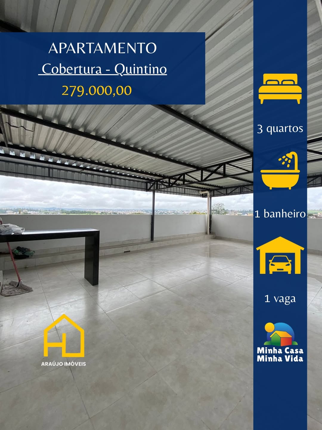 🏢 Apartamento Cobertura no Bairro QUINTINO •3 quartos •Sala•Banheiro •Cozinha americana com ban