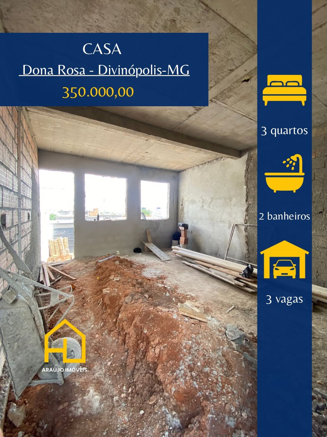 🏠 Casa em CONSTRUÇÃO 📍Bairro Dona Rosa•3 quartos sendo um suite •Sala•Cozinha •Banheiro social