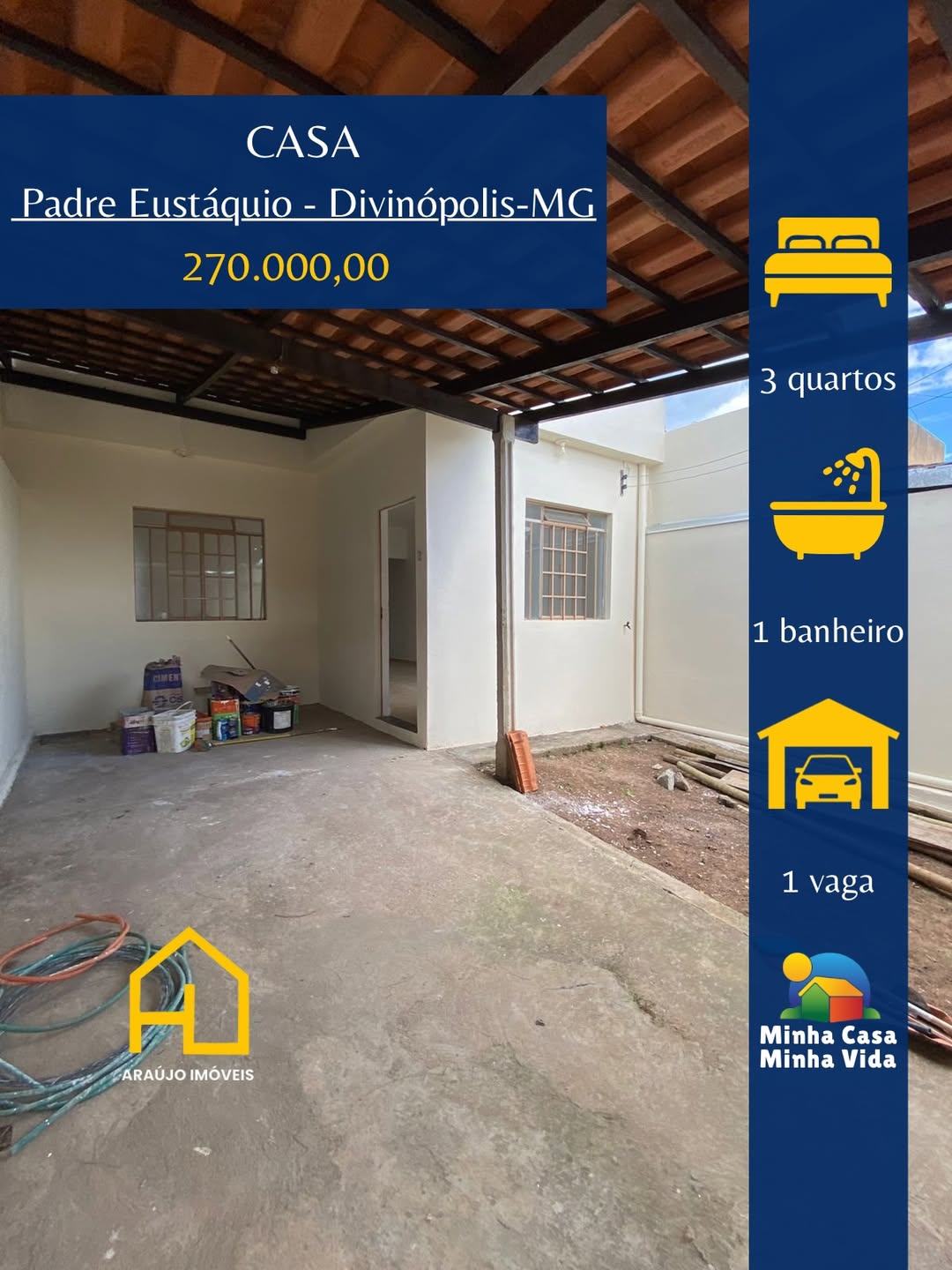 🏠Casa no Padre Eustáquio •3 quartos •Sala •Cozinha americana •Banheiro •Área de serviço 🚘Garag