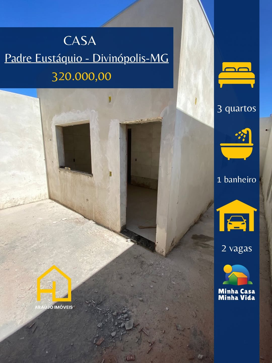 🏠Casa em CONSTRUÇÃO no Padre Eustáquio •3 quartos •Sala•Cozinha •Banheiro •Área de serviço 🚗2