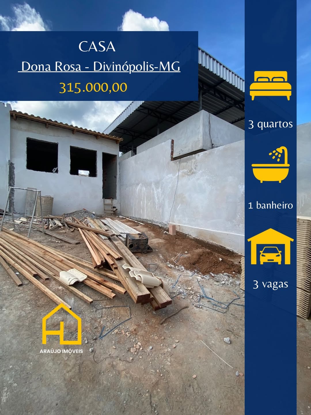 🏠Casa em CONSTRUÇÃO 📍Bairro Dona Rosa•3 quartos •Sala•Cozinha •Banheiro social •Área de serviç