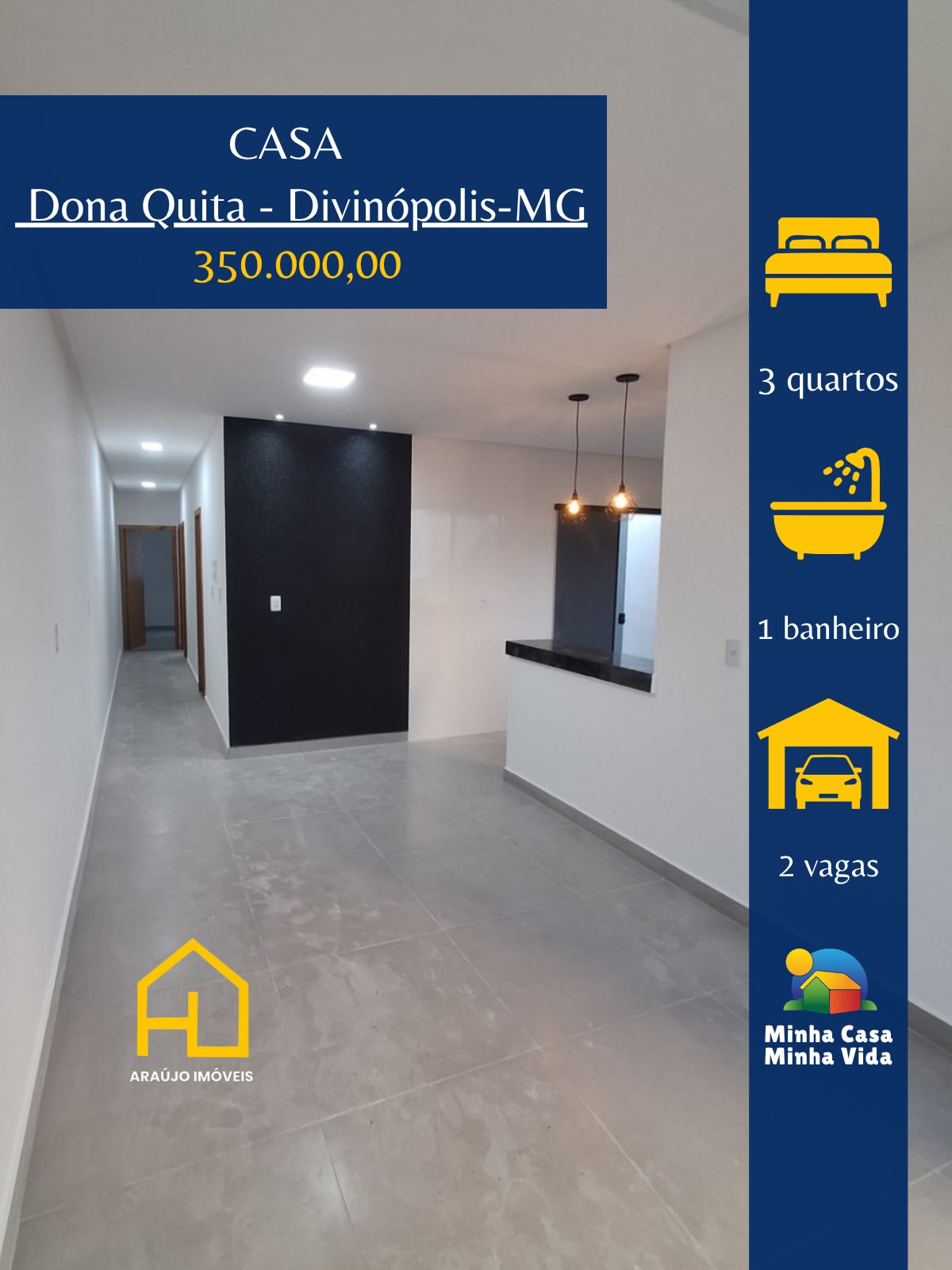 🏠 Casa no Dona Quita🛏️ 3 quartos 🛋️ Sala🍳 Cozinha americana com bancada em granito 🚿 Banhei