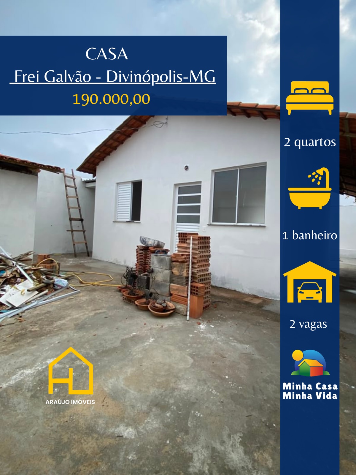 🏠 Casa no Frei Galvão 🛏️ 2 quartos 🛋️ Sala 🍳 Cozinha com bancada 🧺 Área de serviço 🌳 Quint